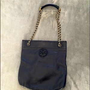 Tori Burch vertical navy tote. Soft genuine leather with braided chain straps.
